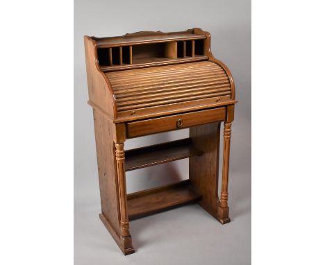 A Late 20th Century Roll Top Desk with Top Storage, Pigeon Hole Store, Single Long Drawer, Reeded and Turned Pilasters and Su