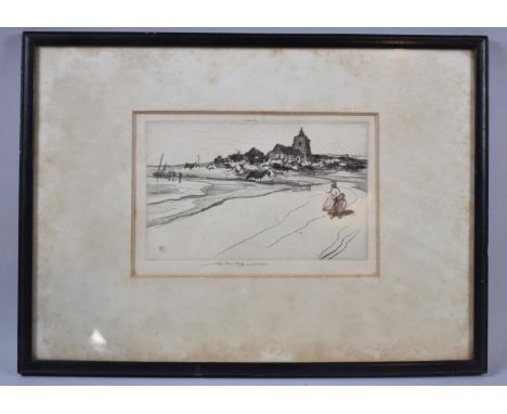 A William Lee Hankey Etching Sea Village with Figures and Boats, Church to Background, Signed in Pencil and Monogrammed WLH, 