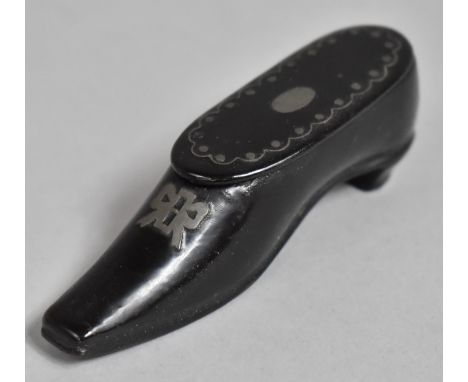 A 19th Century Papier-Mache and White Metal Inlaid Novelty Snuff Box in the Form of a Shoe, 9cms Long 