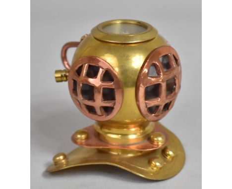 A Novelty Brass and Copper Desk Top Compass in the Form of a Divers Helmet, 8.5cms High 