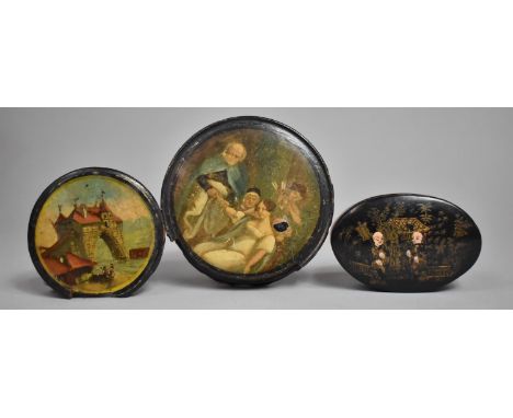 A 19th Century Papier-Mache Circular Snuff Pot, the Lid Decorated with Figural Scene of Elderly Lady Checking Pulse of Seated