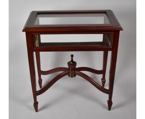 A 20th Century Mahogany and Glazed Bijouterie Table with X Support Culminating in Vase Type Finial, Hinged Top and Tapered Le