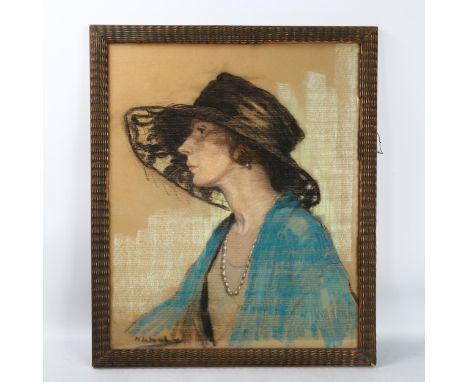 A pastel mid 20th century portrait of young woman in a black hat, indistinctly signed, 55 x 45cm, framedPicture in good condi