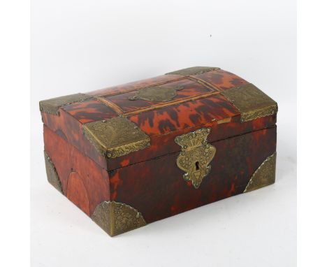 19th century tortoiseshell and brass-mounted jewel casket, engraved brass mounts, 22cm x 16cm x 11cm  An old repair to the to