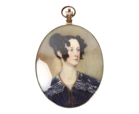 19th century miniature watercolour on ivory, head and shoulders portrait of a woman, unsigned, unmarked gilt-metal frame, hei