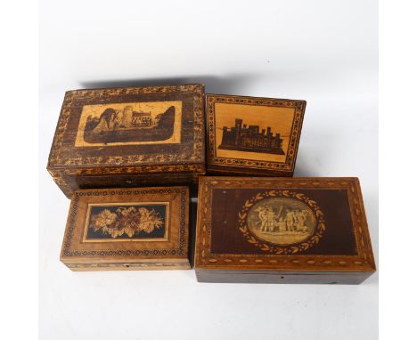 4 x 19th century Tunbridge Ware boxes, including small stationery box depicting Eridge Castle, width 15cm, jewel box with flo