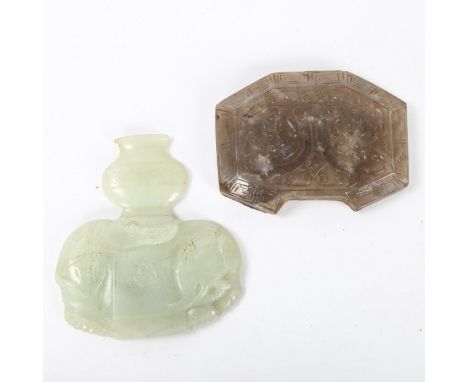 A Chinese carved jade elephant amulet, and a lavender jade furniture mount, width 9cm (2)Elephant urn has 1 small corner chip