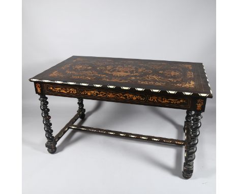 A 19th century Dutch marquetry centre table, rectangular form with bone inlaid edge, with satinwood fruitwood and amboyna flo