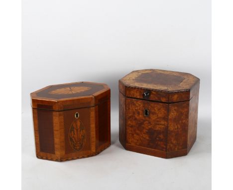 2 x 18th century tea caddies, comprising a burr-walnut caddy with canted corners, height 13cm, width 14cm, and a satinwood an