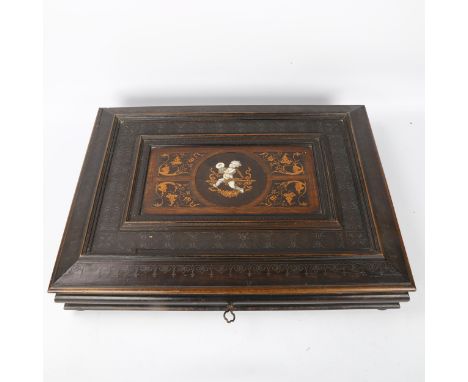 A 19th century Italian Renaissance Revival brass line and floral marquetry and engraved ivory document box, the lid depicting