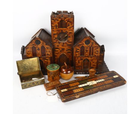 A mixed group of items, including a 19th century Masonic parquetry inlaid cribbage marker, length 30cm, a treen quizzing glas