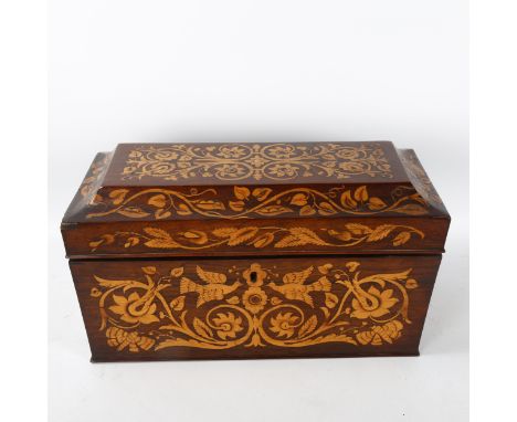 19th century rosewood and boxwood marquetry inlaid sarcophagus-shaped tea caddy, length 36.5cmMinor veneer chips but generall