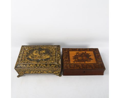 2 Regency penwork boxes, 1 with Classical design on brass lion paw feet, width 26cm, the other with a Classical panel to the 