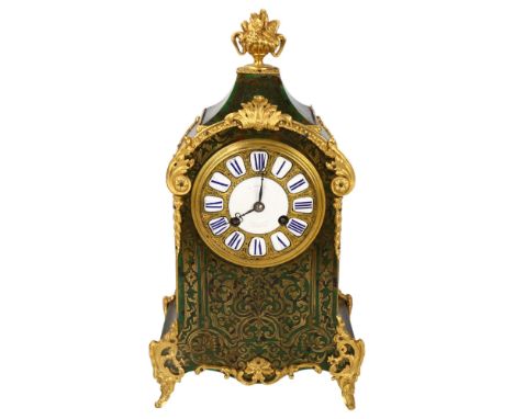 A 19th century Boulle marquetry mantel clock, green stained tortoiseshell and brass inlay with ormolu mounts and enamel dial 