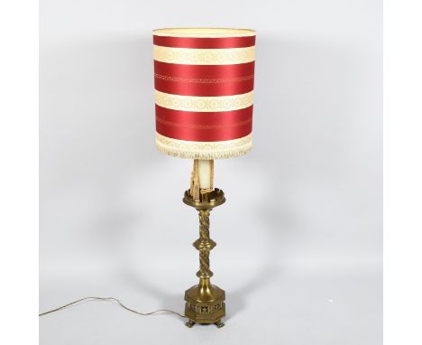 Victorian Gothic brass lamp, resting on lion paw feet, base height 55cm, height including shade 116cmGood condition, brass li