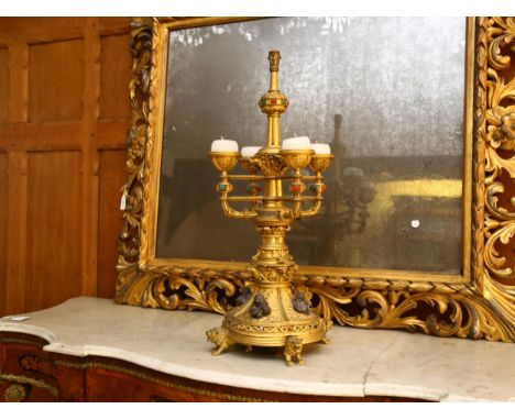 A 19th century Gothic Revival hardstone and enamel inlaid gilt-bronze 5-light table candelabrum, with applied acanthus leaf d