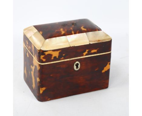 A 19th century tortoiseshell and mother-of-pearl tea caddy of small size, with 2 inner lids, 11cm x 7.5cm, height 9.5cm1 piec