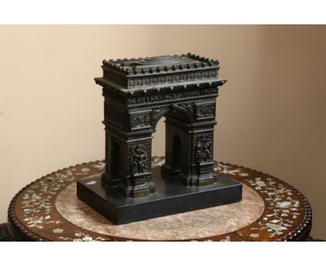 A 19th century Grand Tour French bronze model of the Arc De Triomphe, on slate base, height 20cm, base length 20cmBronze is i