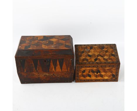 2 x 19th century Tunbridge Ware boxes, comprising a cube parquetry inlaid stationery box with sloping lid, length 16cm, and a