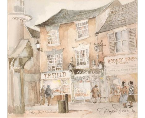 John Haydn Jones (British 1923-1997) "Pillory Street, Nantwich" Signed, titled and dated 1988 on artist's label verso, waterc