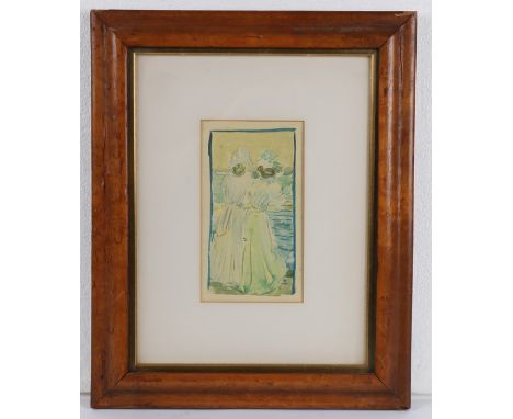 19th Century maple frame, enclosing a print of two women, the frame 32cm x 39cm