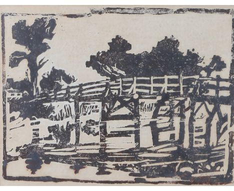 M.E.W. bridge over a river, initialled screen-print, housed in a glazed oak frame, the screen-print 32cm x 24.5cmSlight foxin
