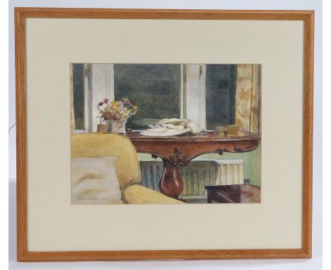 Verity Wookey (1928-2003), "Bird on the table", signed watercolour, dated 1999, housed in a light oak frame, the watercolour 