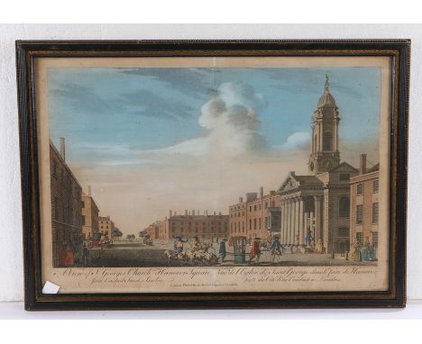 19th Century coloured print, 'A view of St Georges Church Hanover Square', housed within a gilt, ebonised and glazed frame, 4
