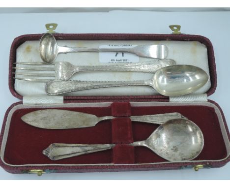 A Georgian Scottish silver condiment ladle, Glasgow 1831, John Heron of Greenock, a Victorian silver child's spoon and fork h