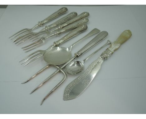 A selection of HM silver flatware including five dessert forks, fish knife having HM silver blade and MOP handle, a toasting 