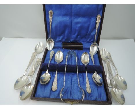 A set of six silver coffee spoons in the Old Master pattern, Birmingham 1951, Henry Clifford Davies, with matched Sterling si