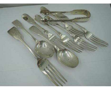 A selection of Georgian, Irish &amp; Victorian silver flatware including dessert spoons and forks, table fork and sugar tongs