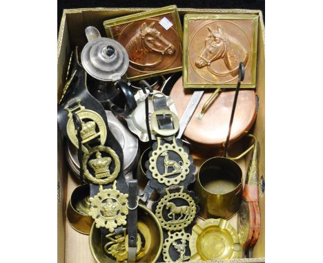 Metalware - a set of three graduating 19th Century brass cider measures, copper saucepan and cover, horse brasses, embossed p