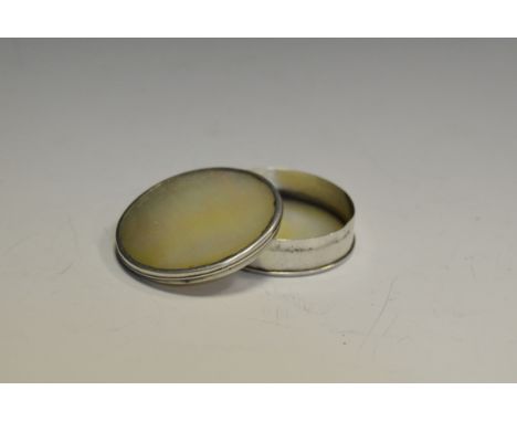 A 19th century silver coloured metal mounted mother of pearl snuff box 