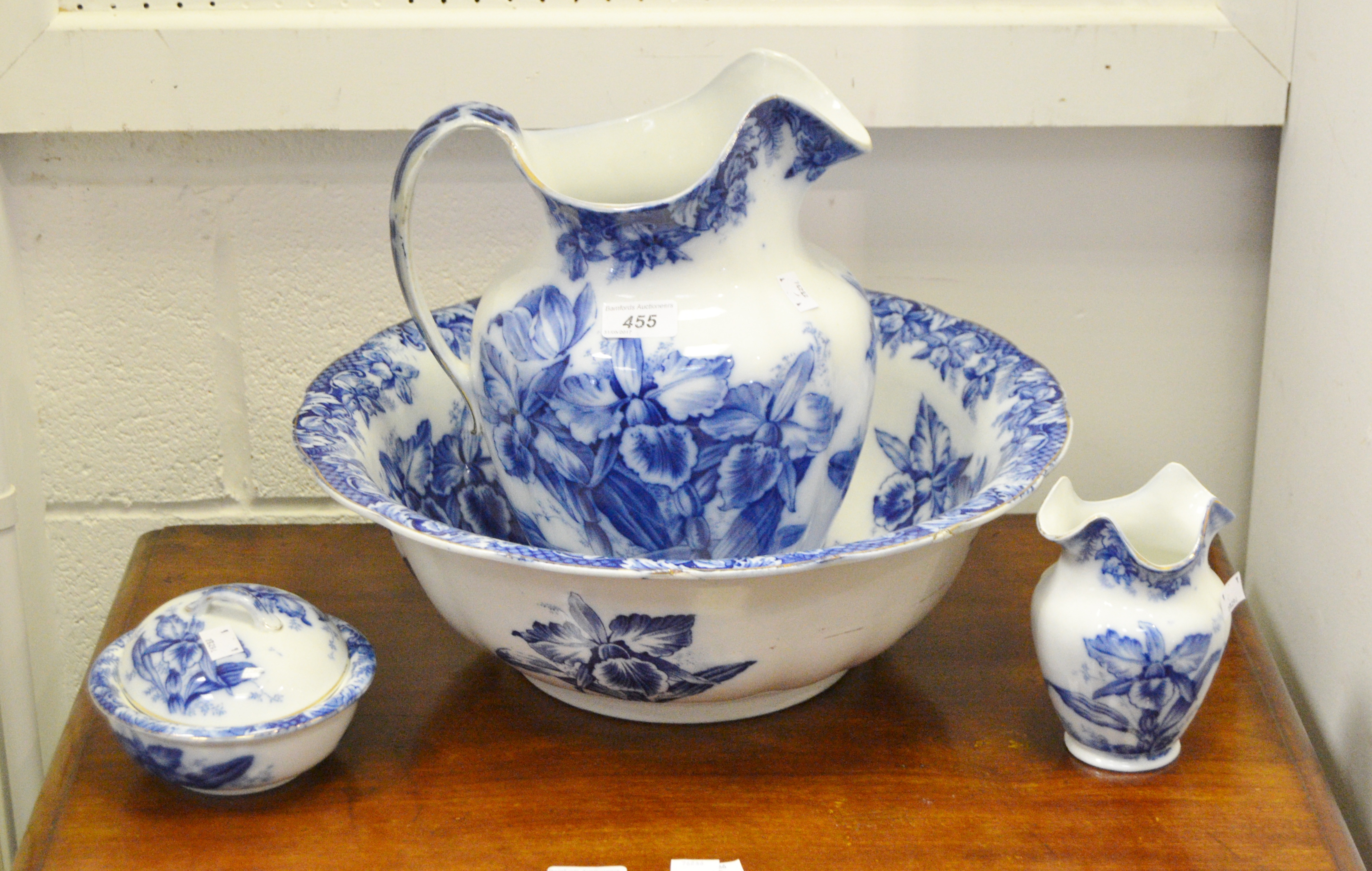 A Wedgwood Cattleyae pattern wash jug, wash bowl, soap dish and vase