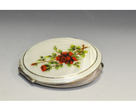 A silver compact floral painted guilloche enamel, Birmingham 1959 