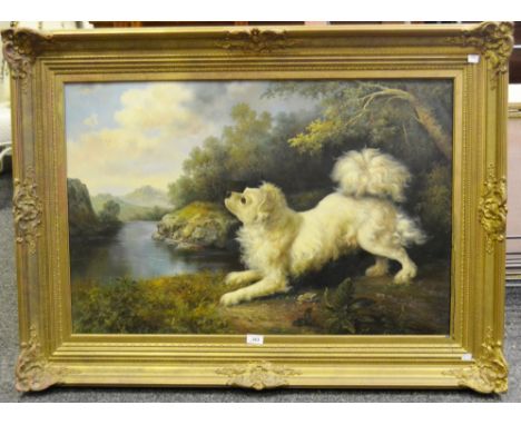 After 19th century School, a decorative picture of a Dog, oil print on canvas, 59cm x 85cm, gilt frame