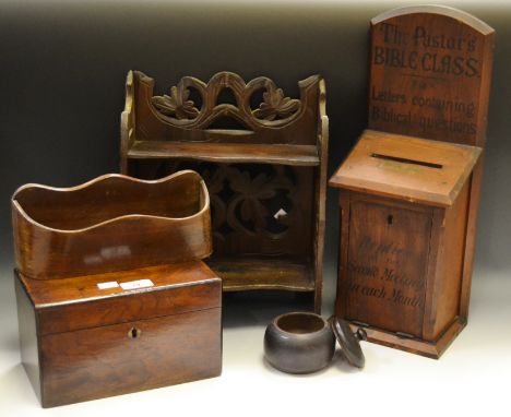 Ephemera - a Victorian mahogany tea caddy; letter box; a Black Forest carved free standing bookshelf; etc (5)