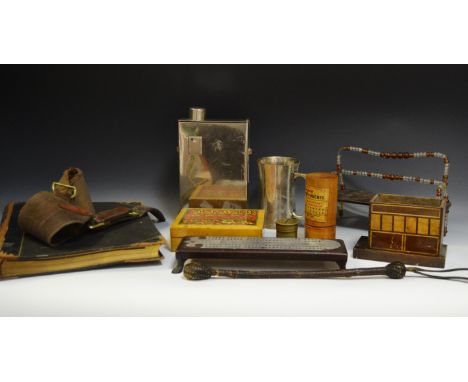 Ephemera - a leather cosh; a miniature bench beaded back; a silver plated tankard; a cribbage board; a water can;  etc qty 