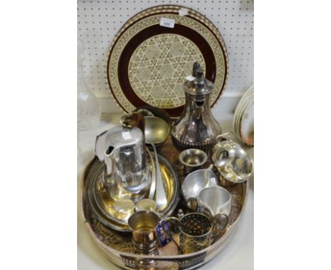 Silverplate  - an oval galleried tray;  hot water jug,  a Picquot ware three piece tea set,  sauce ladle, entree dish etc qty