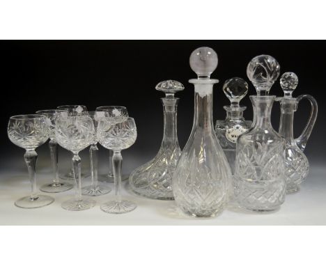 Glassware - a cut glass Ships decanter mushroom stopper; a cut glass claret jug; a cut glass mallet shaped decanter others; c