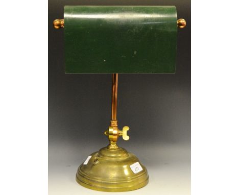 A mid 20th century desk lamp, green shade, copper stand