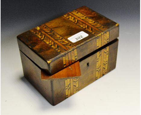 A Victorian walnut and parquetry tea caddy, hinged cover enclosing a pair of lidded compartments, c.1870