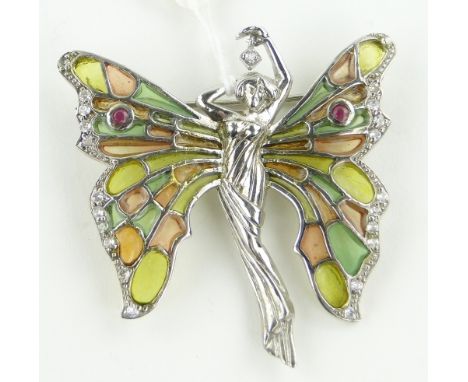 A silver and plique a jour enamel fairy design brooch, 
height 50mm.