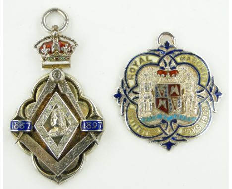 2 ornate silver and enamel Masonic medallions, 
1897 and 1906.