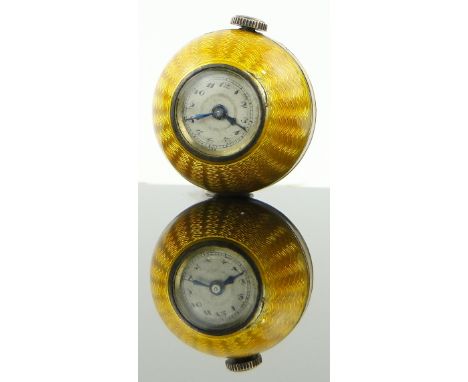 A Swiss silver and yellow enamel ball shaped pendant watch, 
22mm across.