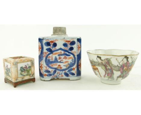 A Chinese porcelain bowl,
tea caddy, 4.25" and a censor, (3).