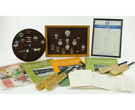 A Collection of sporting memorabilia 
including 1966 World Cup enamelled steward's badge, and other football badges, tennis p