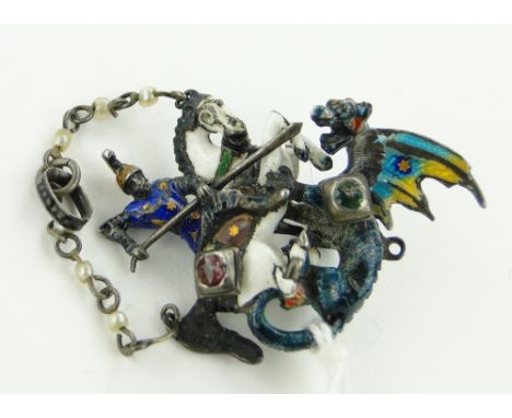 An ornate unmarked continental silver and coloured enamel George & the dragon design pendant, 
overall height 55mm.