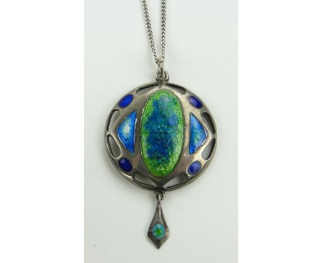 Edwardian Art Nouveau silver and peacock enamel pendant and chain,
indistinct makers marks, Birmingham 1909, height excluding